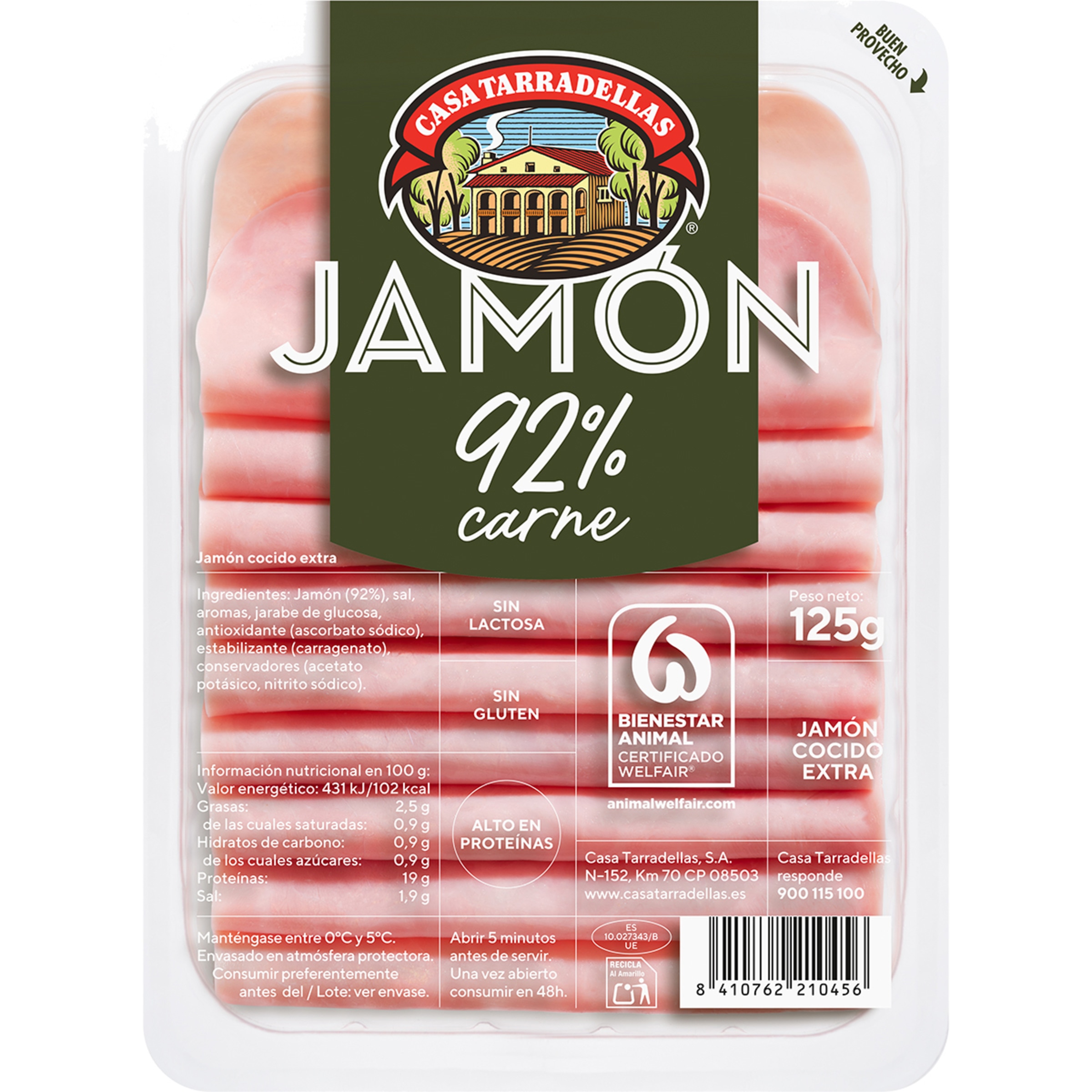 Jamón cocido extra en lonchas sin gluten sin lactosa envase 125 g - Casa Tarradellas