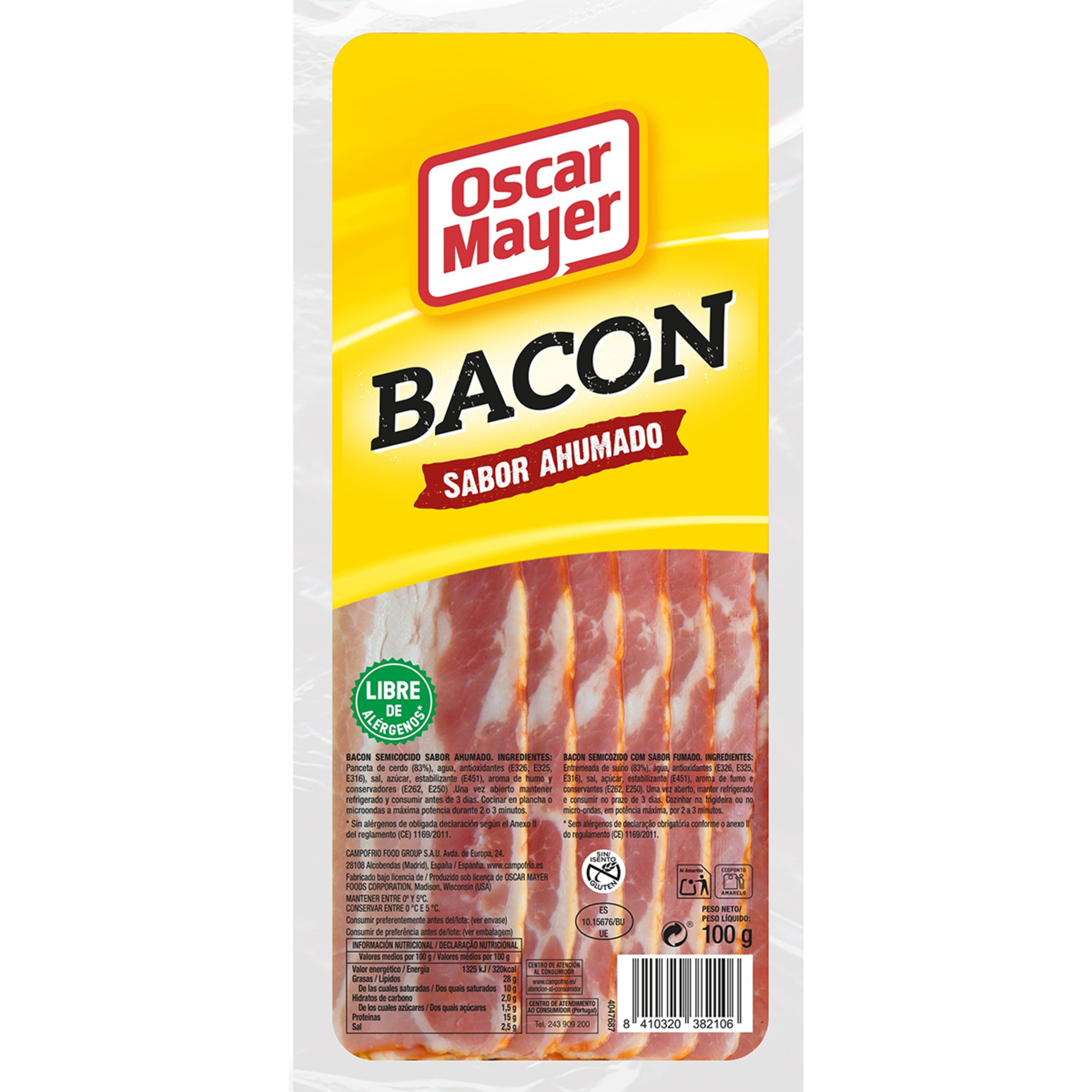 Bacon sabor ahumado en lonchas sin gluten sin lactosa envase 100 g - Oscar Mayer