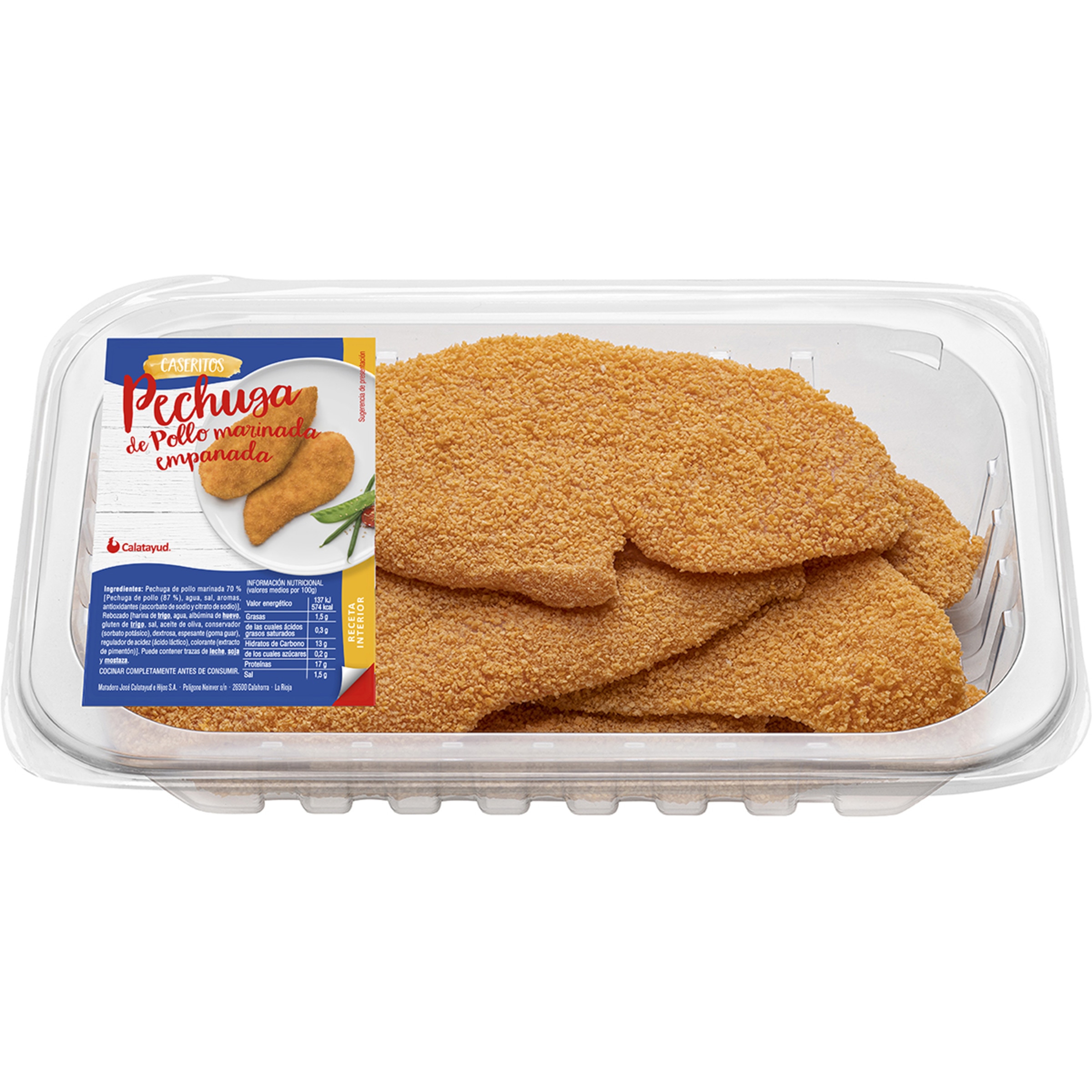Pechuga de pollo empanada bajo en grasa bandeja 400 g - Caseritos