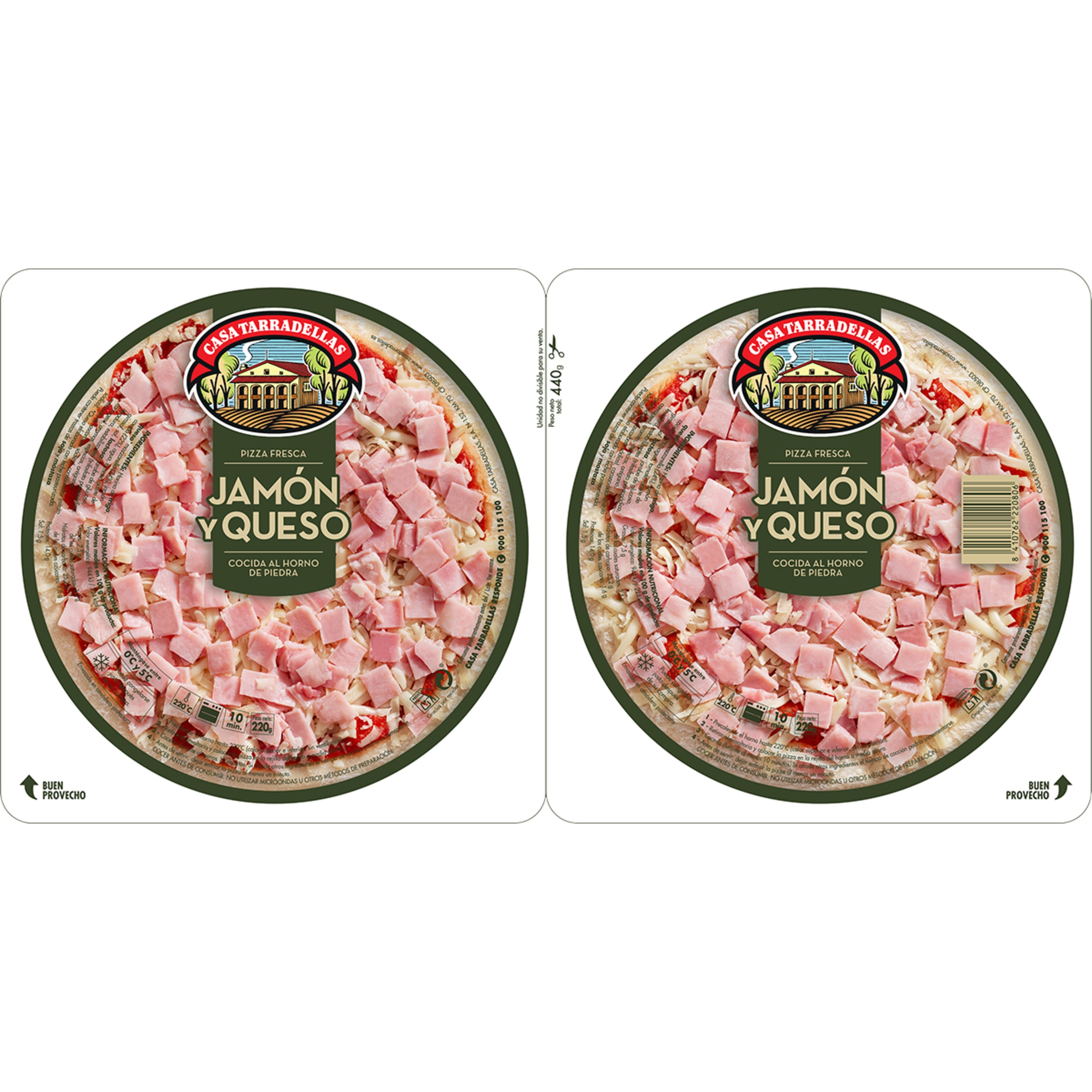 Pizza de jamón y queso pack 2 unidades envase 220 g - Casa Tarradellas
