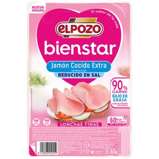 BienStar jamón cocido extra bajo en grasa reducido en sal en lonchas finas envase 65 g sin gluten sin lactosa - Elpozo