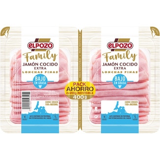 Family jamón cocido extra bajo en grasa en lonchas finas pack 2 x 200 g envase 400 g sin gluten sin lactosa pack ahorro - Elpozo