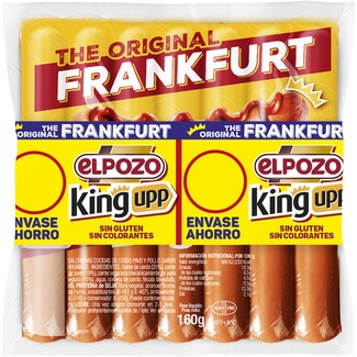 King Upp salchichas Frankfurt cocidas de cerdo, pavo y pollo sabor ahumado pack 3 x 160 g envase 480 g sin gluten - Elpozo