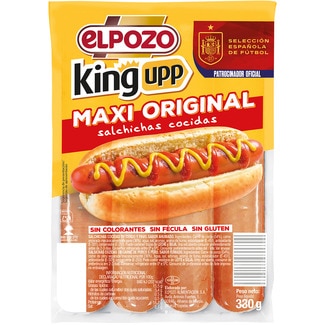 King upp maxi original salchichas cocidas de cerdo sabor ahumado sin gluten 4 piezas envase 330 g - Elpozo