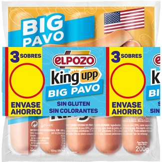 King upp big pavo salchichas cocidas de pavo sabor ahumado sin gluten pack 3 x 200 g envase 600 g - Elpozo