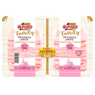 Family pechuga de pavo reducido en sal en lonchas finas pack 2 x 200 g envase 400 g Pack Ahorro sin gluten sin lactosa - Elpozo