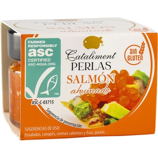 Perlas de salmón ahumado sin gluten tarro 100 g - Cataliment