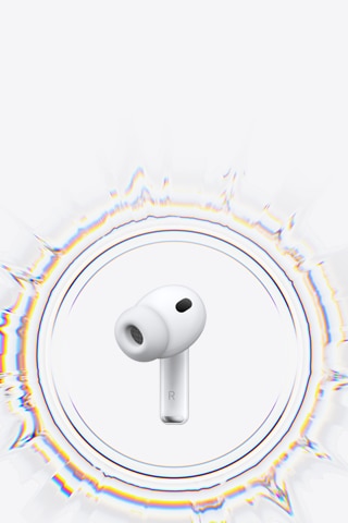 Auricular inalámbrico AirPods Pro 3 con almohadilla de silicona rodeado de una onda sonora circular
