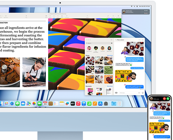 Un iMac junto a un iPhone que ilustran la prestación Continuidad para compartir mensajes y fotos entre ambos dispositivos.