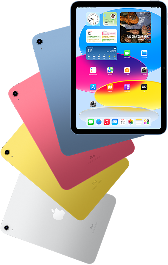 Vista frontal de un iPad que muestra la pantalla de inicio, con cuatro modelos de iPad detrás en azul, rosa, amarillo y plata.