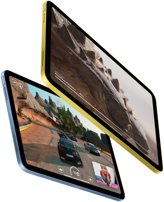 Vista de un iPad con Apple TV+ y otro con un juego en SharePlay.