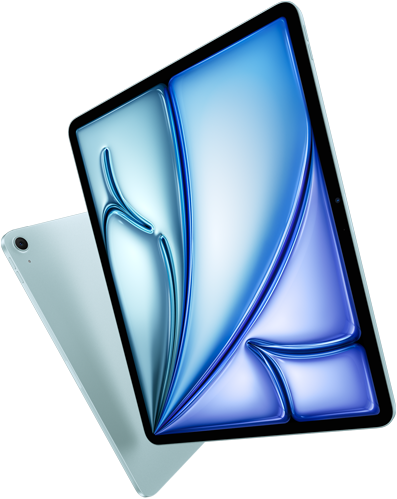 Parte frontal del iPad Air de 13 pulgadas, pantalla a todo color, parte trasera exterior del iPad Air de 11 pulgadas que muestra el gran angular trasero de 12 Mpx