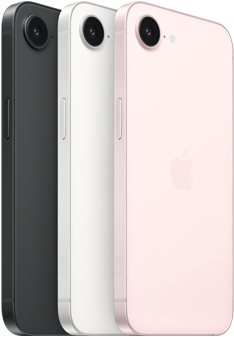 iPhone 17e, parte lateral y trasera, color negro, parte lateral y trasera, color blanco, parte lateral y trasera, color rosa palo, cámara Fusion en la parte superior, botón lateral