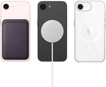 iPhone 17e en color rosa palo con una cartera de trenzado fino en color púrpura medianoche, iPhone 17e en color negro con cargador MagSafe, iPhone 17e en color blanco con funda transparente con MagSafe