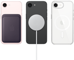 iPhone 17e en color rosa palo con una cartera de trenzado fino en color p&uacute;rpura medianoche, iPhone 17e en color negro con cargador MagSafe, iPhone 17e en color blanco con funda transparente con MagSafe
