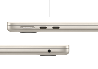 MacBook Air, cerrado, lateral izquierdo, puerto MagSafe y dos puertos Thunderbolt, lateral derecho, toma para auriculares