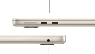 MacBook Air, cerrado, lateral izquierdo, puerto MagSafe y dos puertos Thunderbolt, lateral derecho, toma para auriculares
