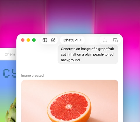 Pantalla de un MacBook Neo, imagen de un pomelo generada con ChatGPT, segunda ventana con la imagen de una alcachofa sobre un fondo degradado en Keynote