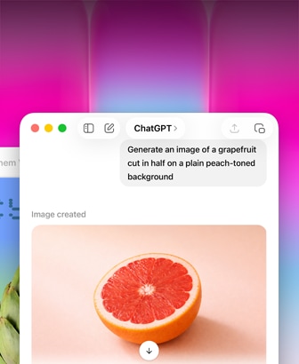 Pantalla de un MacBook Neo, imagen de un pomelo generada con ChatGPT, segunda ventana con la imagen de una alcachofa sobre un fondo degradado en Keynote