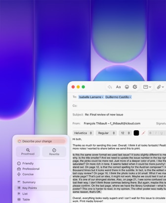 Pantalla de un MacBook Neo que muestra la prestación Herramientas de Escritura de Apple Intelligence en Mail para revisar un párrafo largo de un email con comentarios sobre una publicación