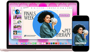 MacBook Neo, color rosa nube, al lado de un iPhone, la pantalla del MacBook Neo muestra una presentación con la foto de una persona sujetando un conejo, la pantalla del iPhone muestra la misma foto, que se ha convertido en un sticker para usar en la presentación