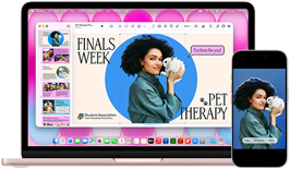 MacBook Neo, color rosa nube, al lado de un iPhone, la pantalla del MacBook Neo muestra una presentación con la foto de una persona sujetando un conejo, la pantalla del iPhone muestra la misma foto, que se ha convertido en un sticker para usar en la presentación