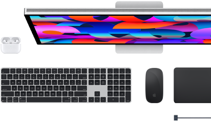 Accesorios para el Mac: Airpods, Studio Display, Magic Keyboard, Magic Mouse, Magic Trackpad, cable de carga MagSafe en negro espacial
