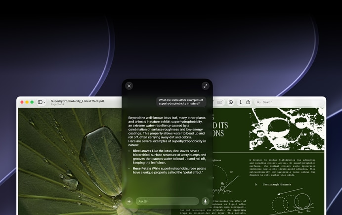 Demostración de Siri e inteligencia visual, una consulta sobre un tema en un PDF en la pantalla de un Mac, ¿Qué otros ejemplos hay de superhidrofobia en la naturaleza?, respuesta de Siri