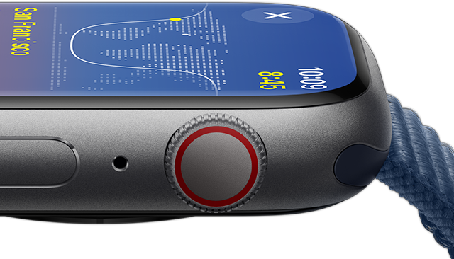 Vista lateral del Apple Watch que muestra el brillo de la pantalla.