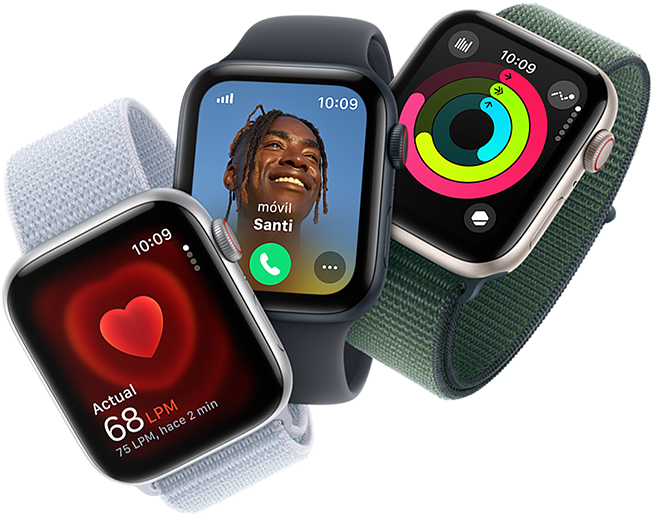 Control de la frecuencia cardiaca, una llamada entrante y los anillos de Actividad en tres modelos de Apple Watch