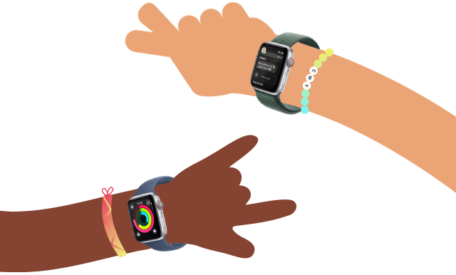Los anillos de Actividad en un Apple Watch SE colocado en el brazo de un niño en dibujos animados. La app Mensajes en un Apple Watch SE colocado en el brazo de un niña en dibujos animados.